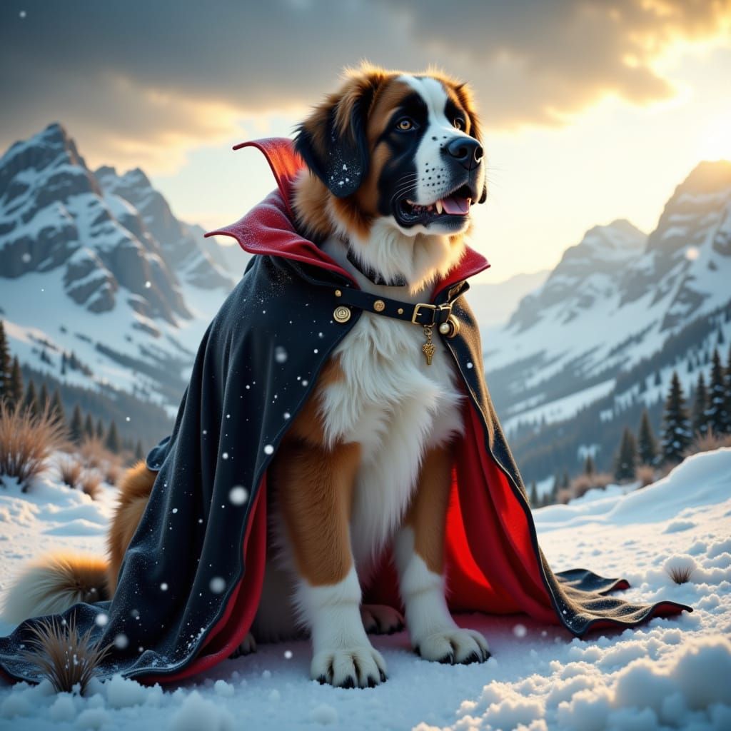 St. Bernard as Dracula on Snowy Alpine Slope