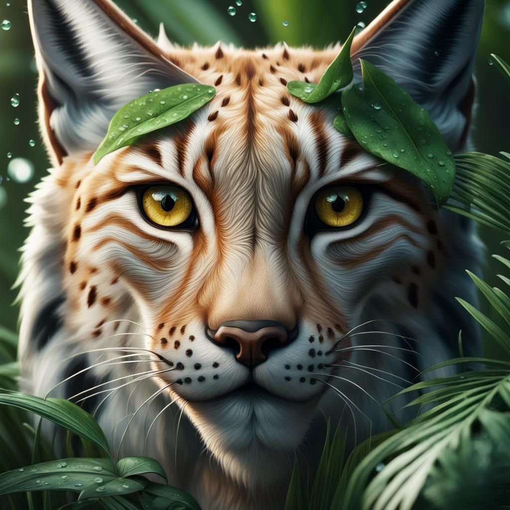 Lynx Portrait with Tropical Foliage in Hyperrealistic Style