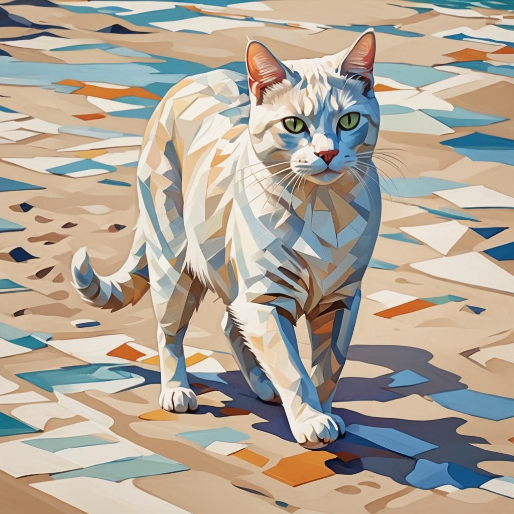 Geometric Fauvist Cat Stroll on the Beach