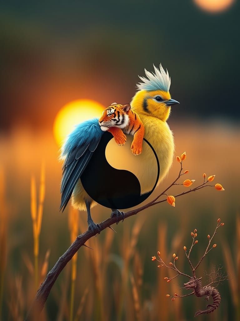 Fluffy Bird and Yin Yang Symbol in 3D Digital Art