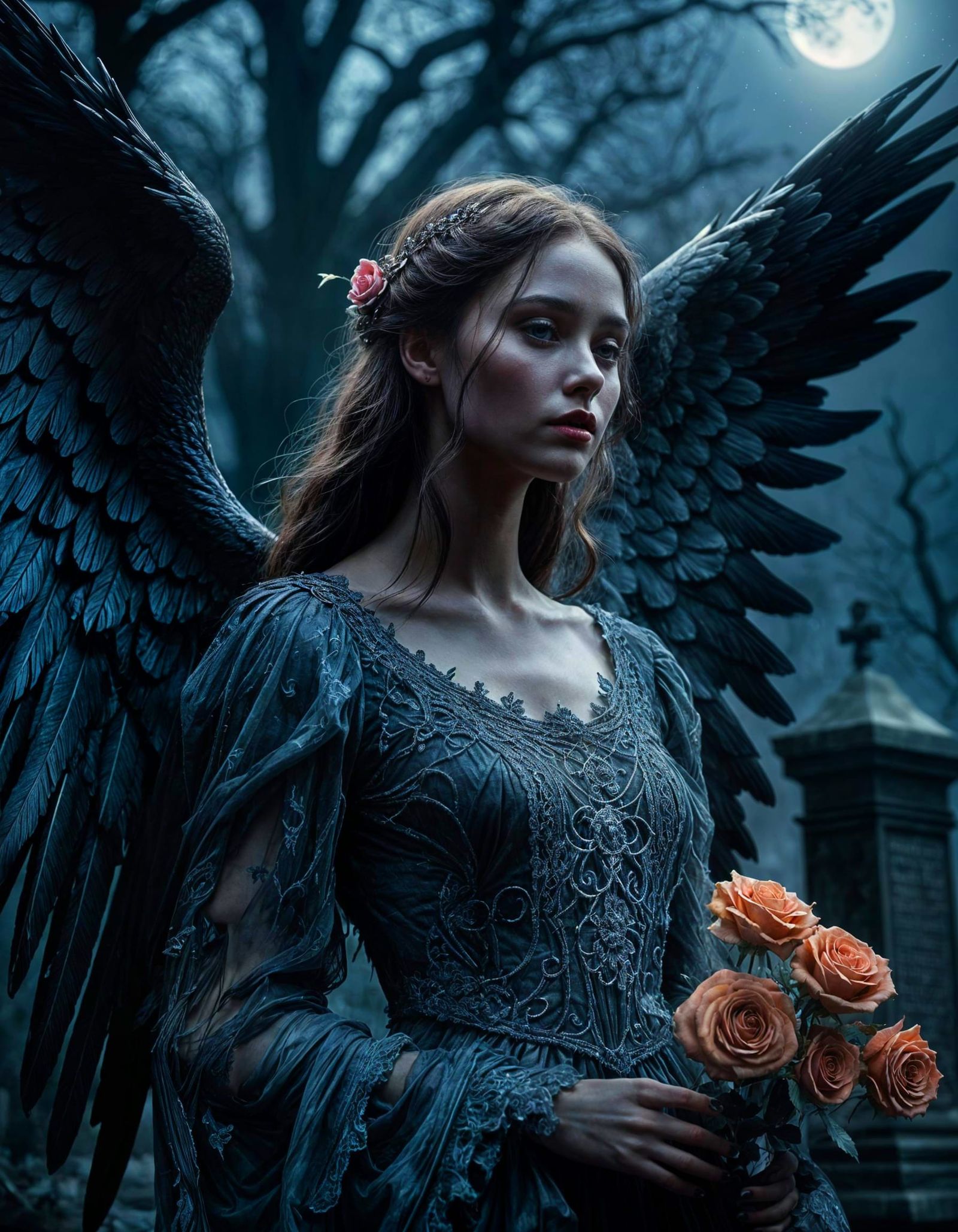 Gothic Angel in Moonlit Graveyard with Obsidian Wings