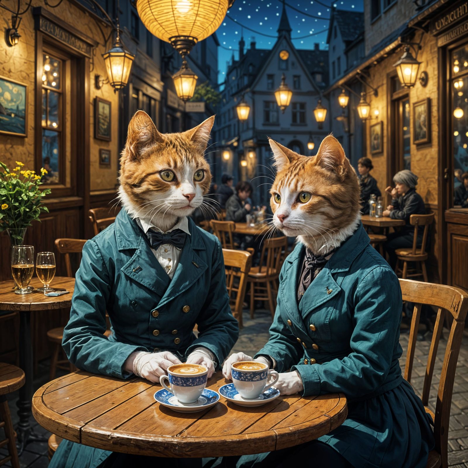Lonely Cat Ladies in Whimsical Van Gogh-Inspired Cafe Scene