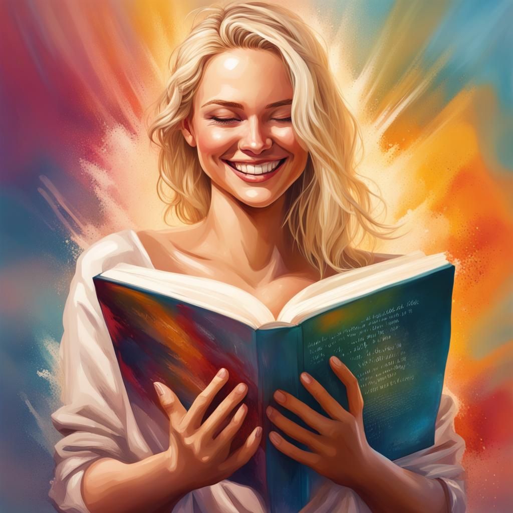 Blonde Woman Smiling While Reading: Hyperrealistic Art
