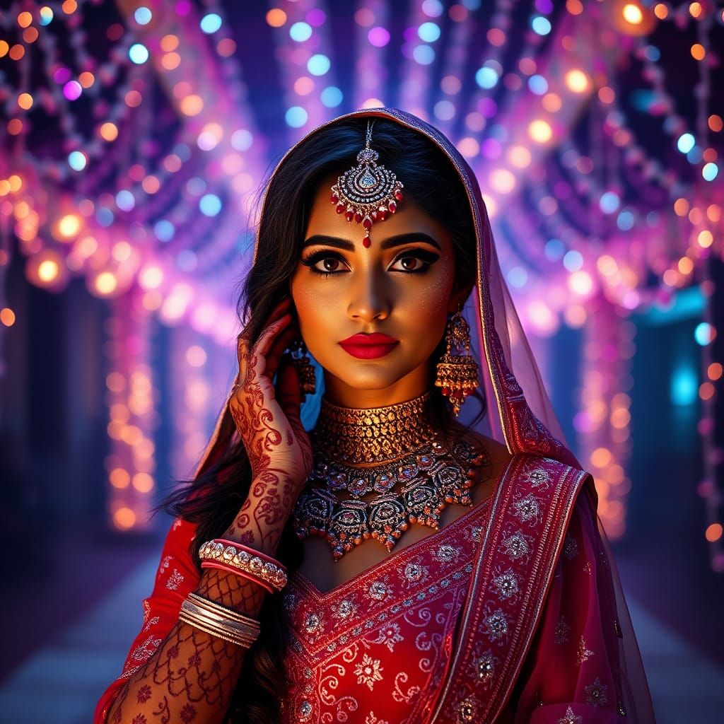 Neon Indian Bride: Hyperrealistic Cinematic Photograph