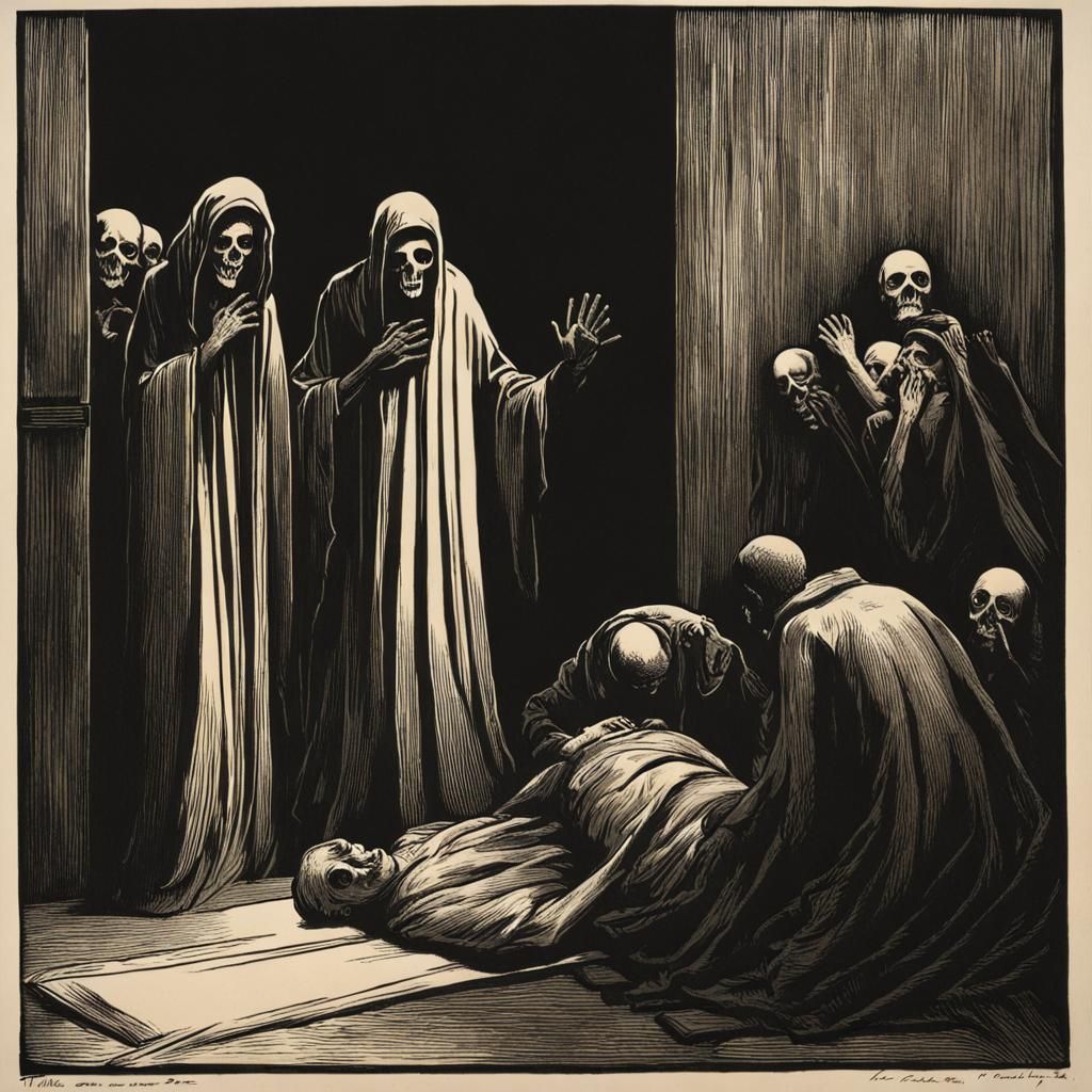 Death Arrives: A Woodcut Print in Classic Style