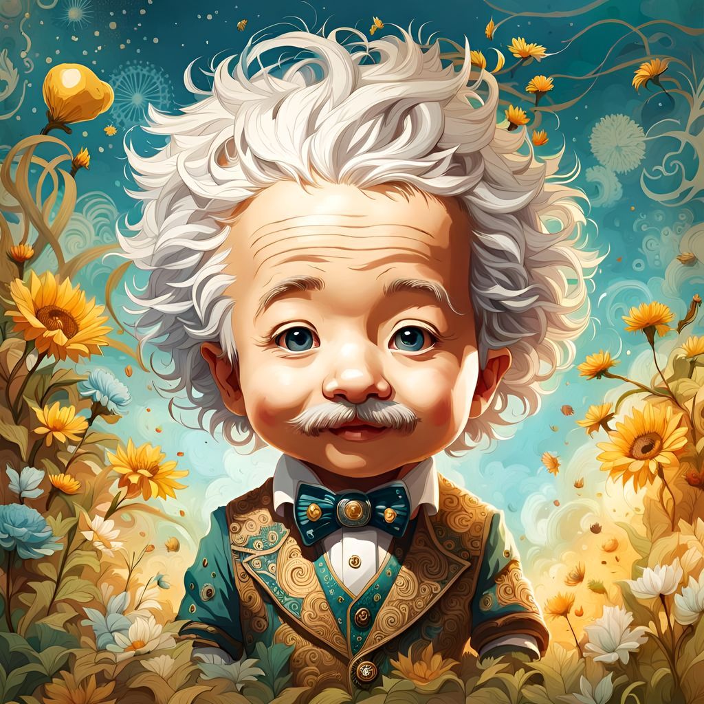 Chibi Einstein Portrait with Intricate Filigree