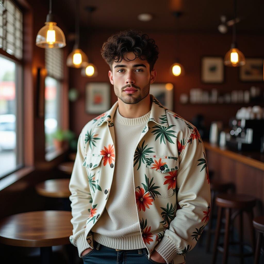 Grunge Man in Cozy Cafe, Early 2000s Indie Film Style