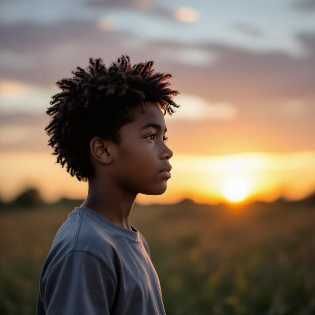Young Black Boy Gazes at Sunset Horizon Cinematic