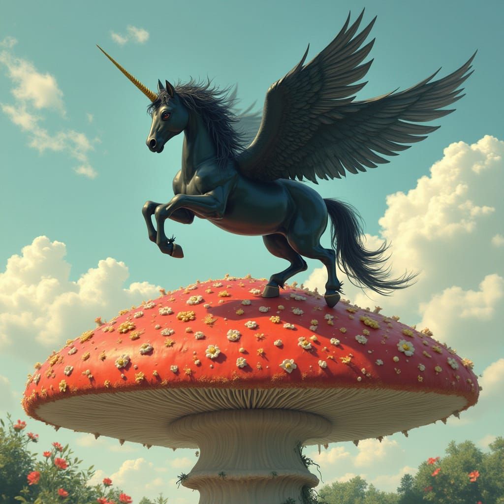 Majestic Flying Unicorn Lands on a Fiery Red Mushroom