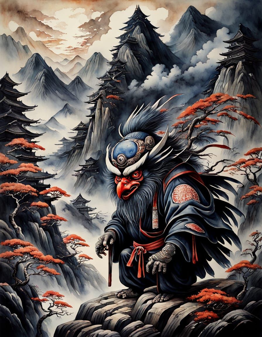 Mysterious Yamabushi Tengu in Japanese Watercolor