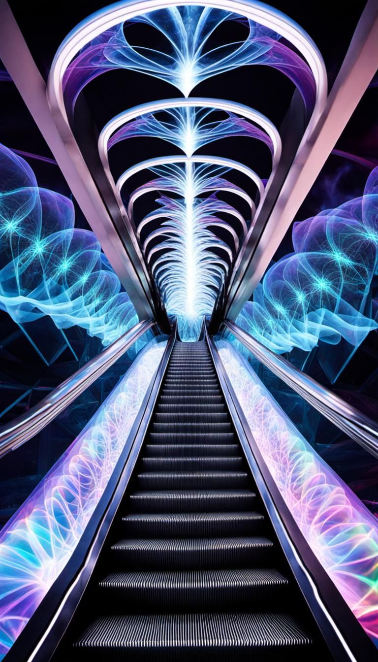 Cymatic holographic plasma escalator journey into sound; dreamlike view from the bottom of a glass tunnel holographic tr...