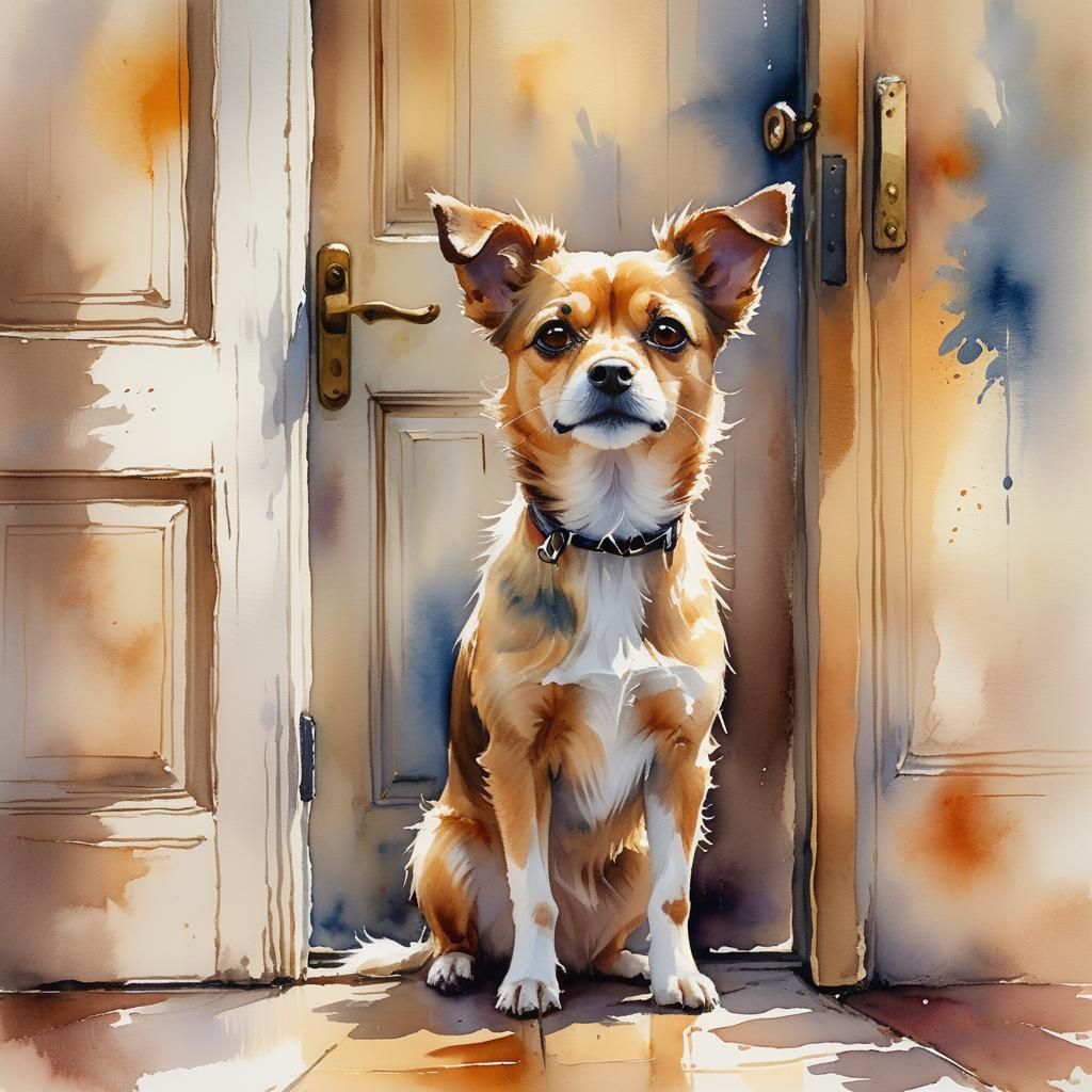 Scared Dog at Door: Watercolor Painting