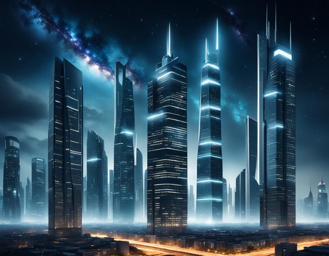 Futuristic Metropolis at Night Under Milky Way