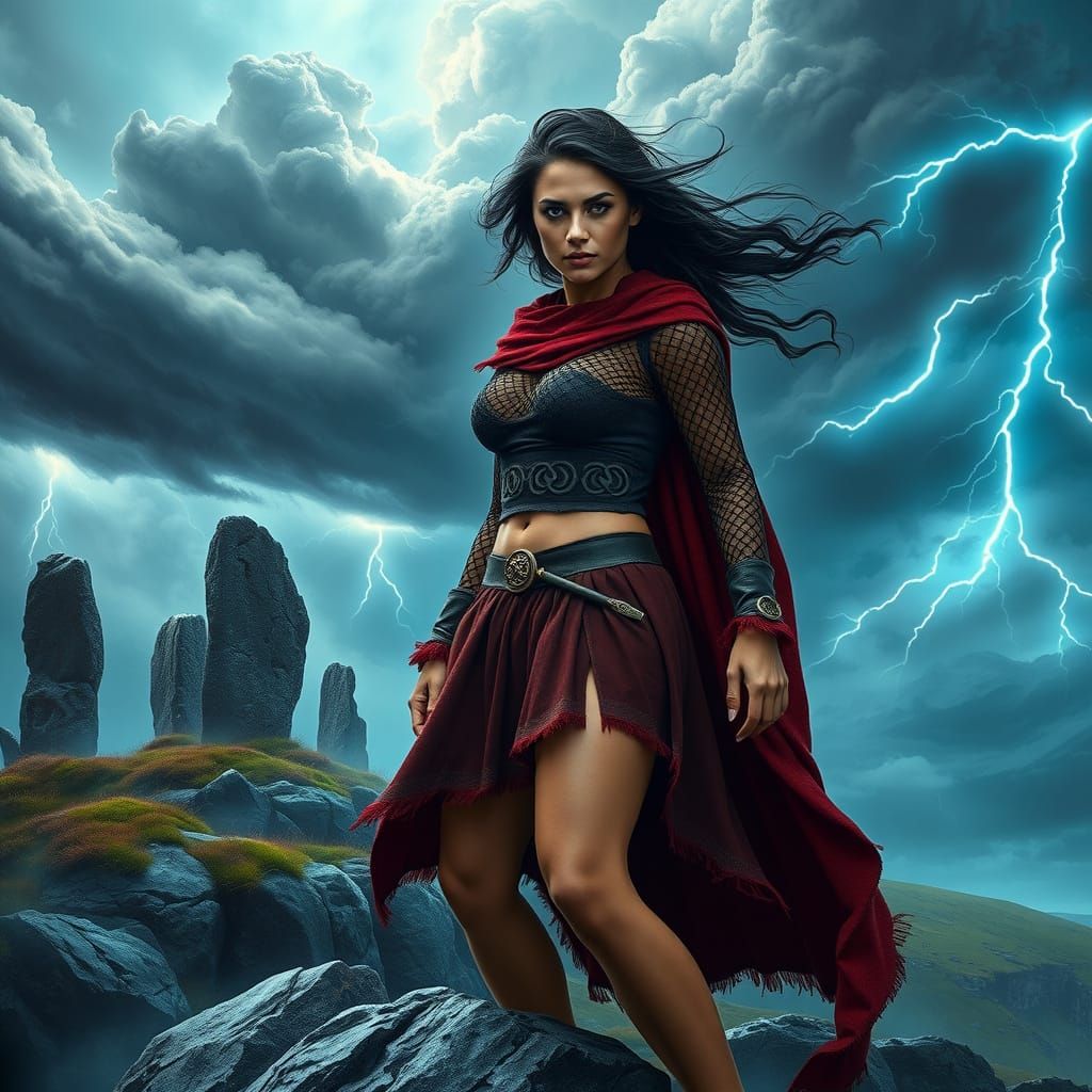 Warrior Queen in Stormy Highland Landscape, Celtic Art Style
