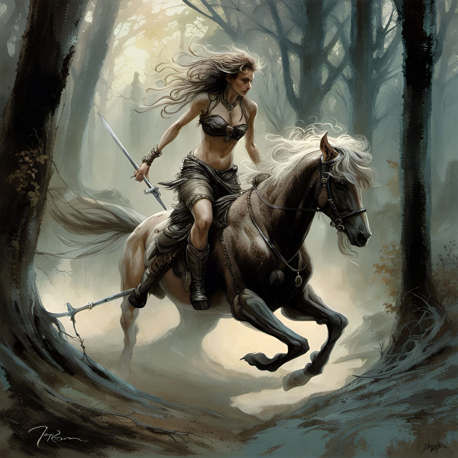 Centaur Galloping Through Dark Fantasy Forest