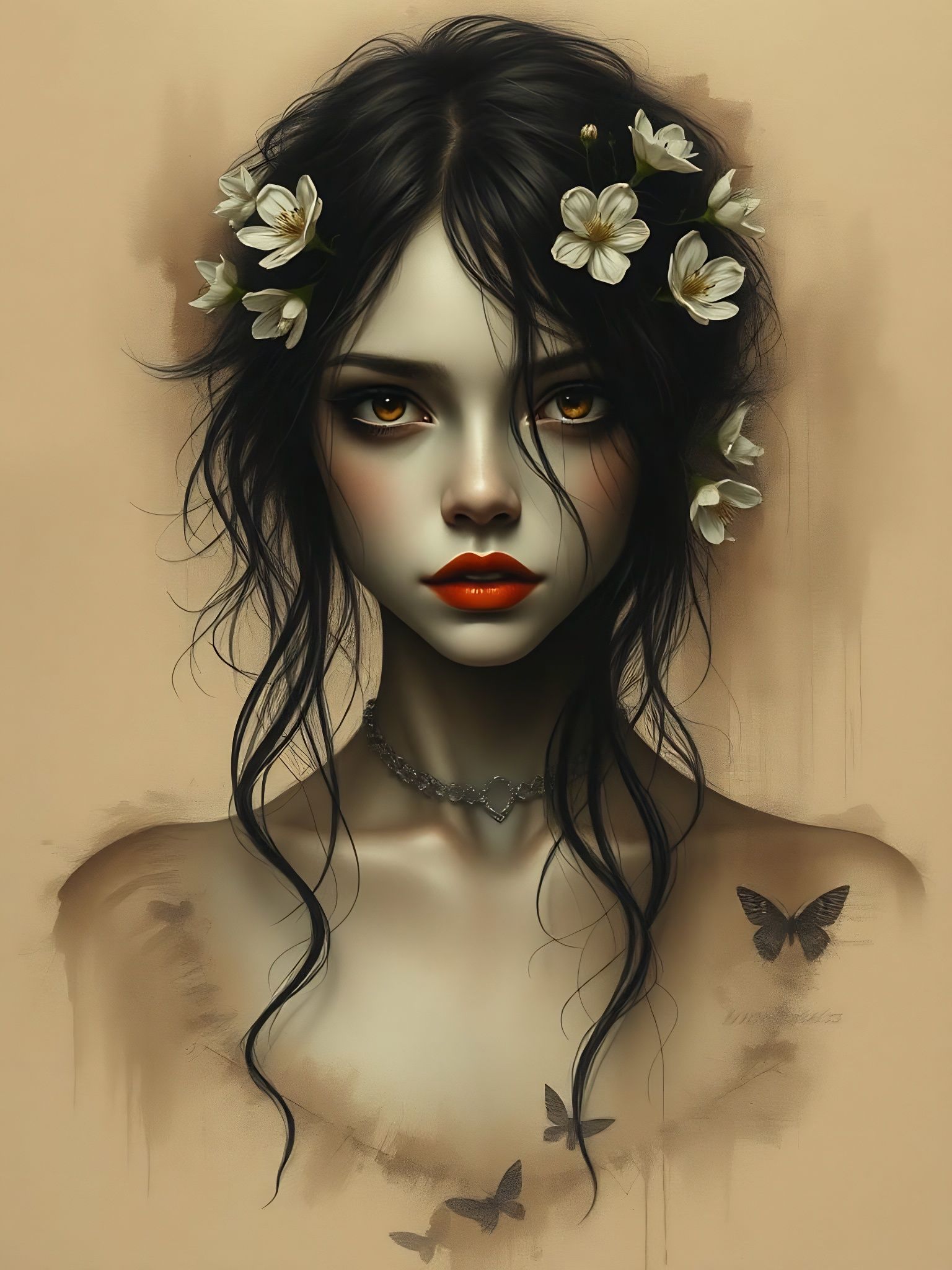 Dreamlike Gothic Figure in Sepia Tones with Florals