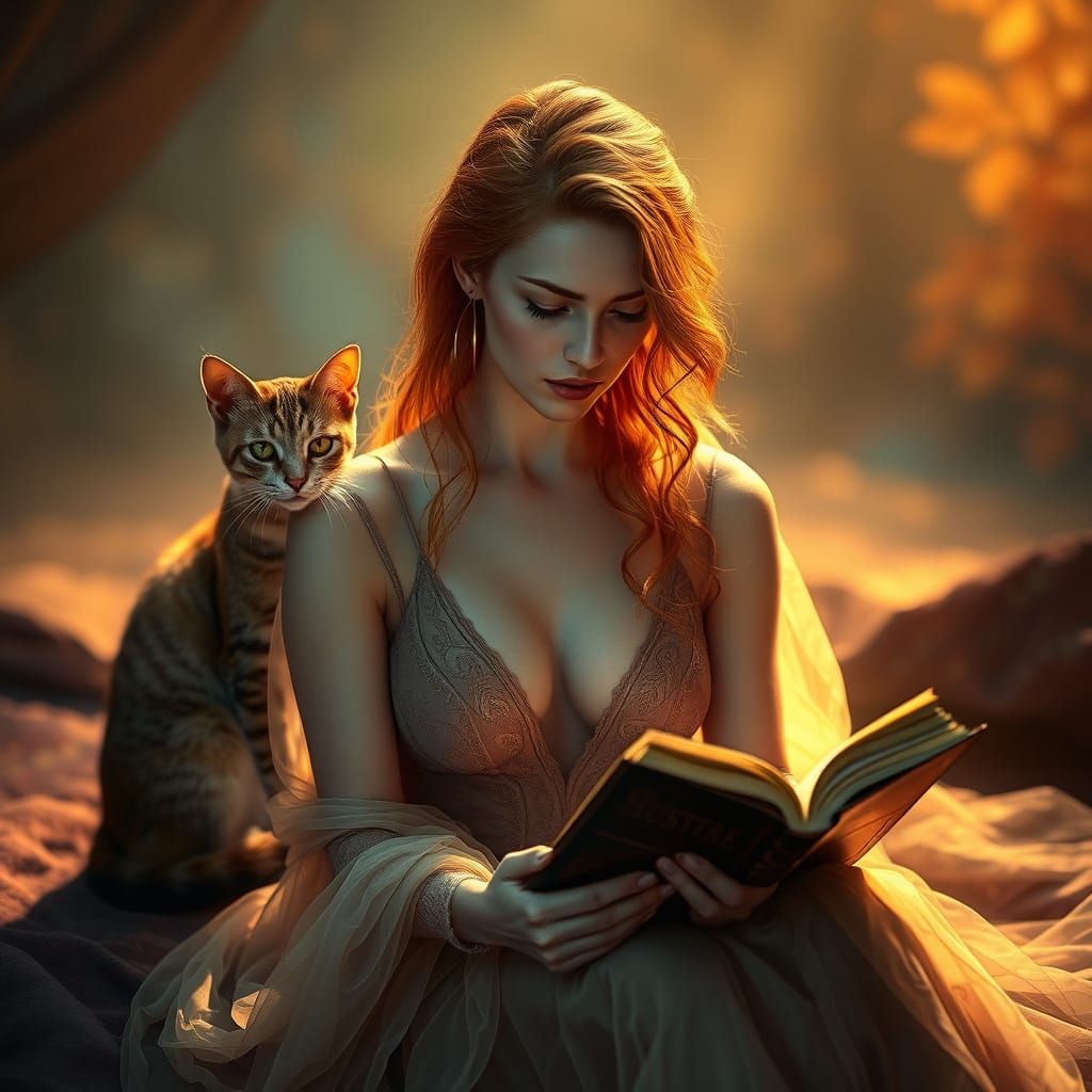 Ethereal Ginger Woman Reads Mysteries in a Golden Glow
