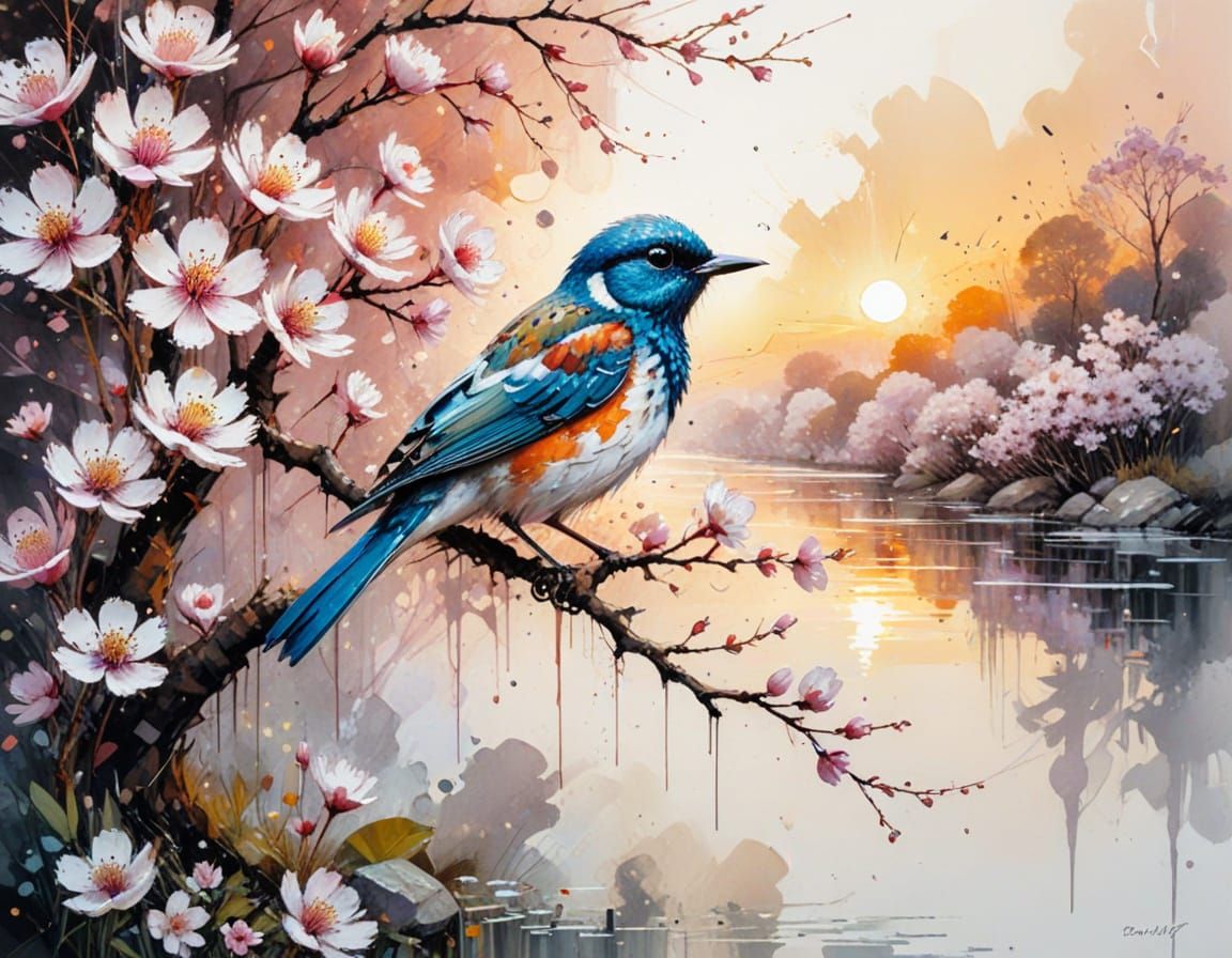 Blossom Tree Bird at Sunset in Watercolour Style