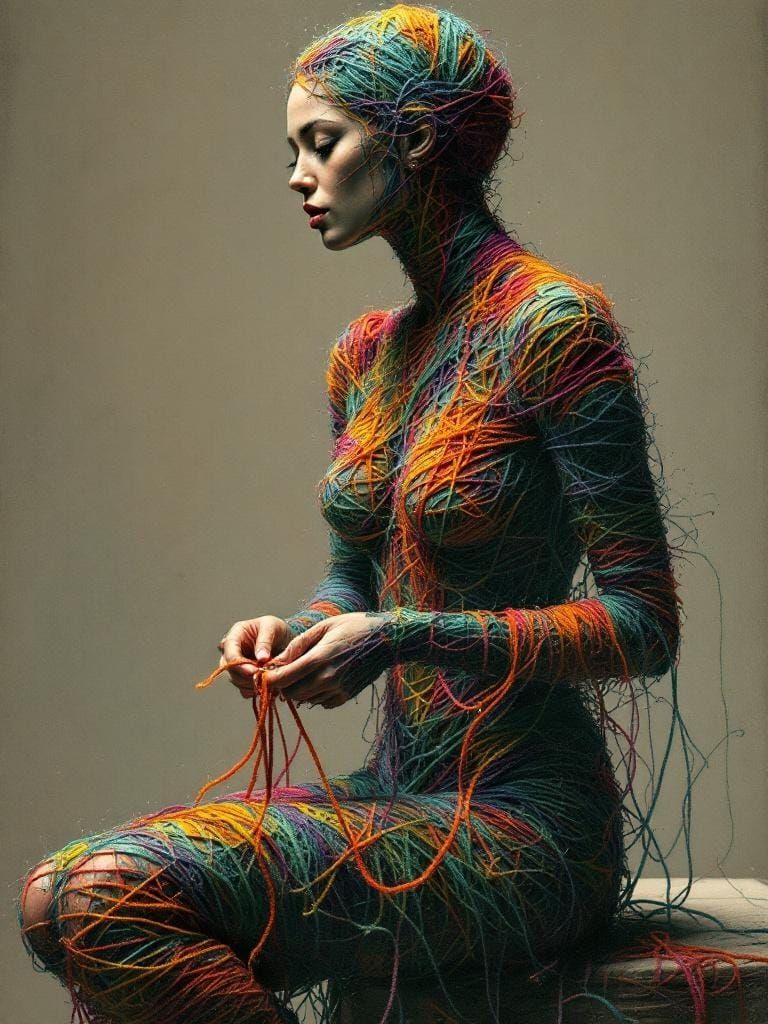 Woman Knitting Herself in Pointillist Style