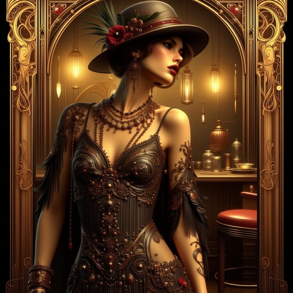 Flapper in Art Deco Speakeasy, Art Nouveau Style