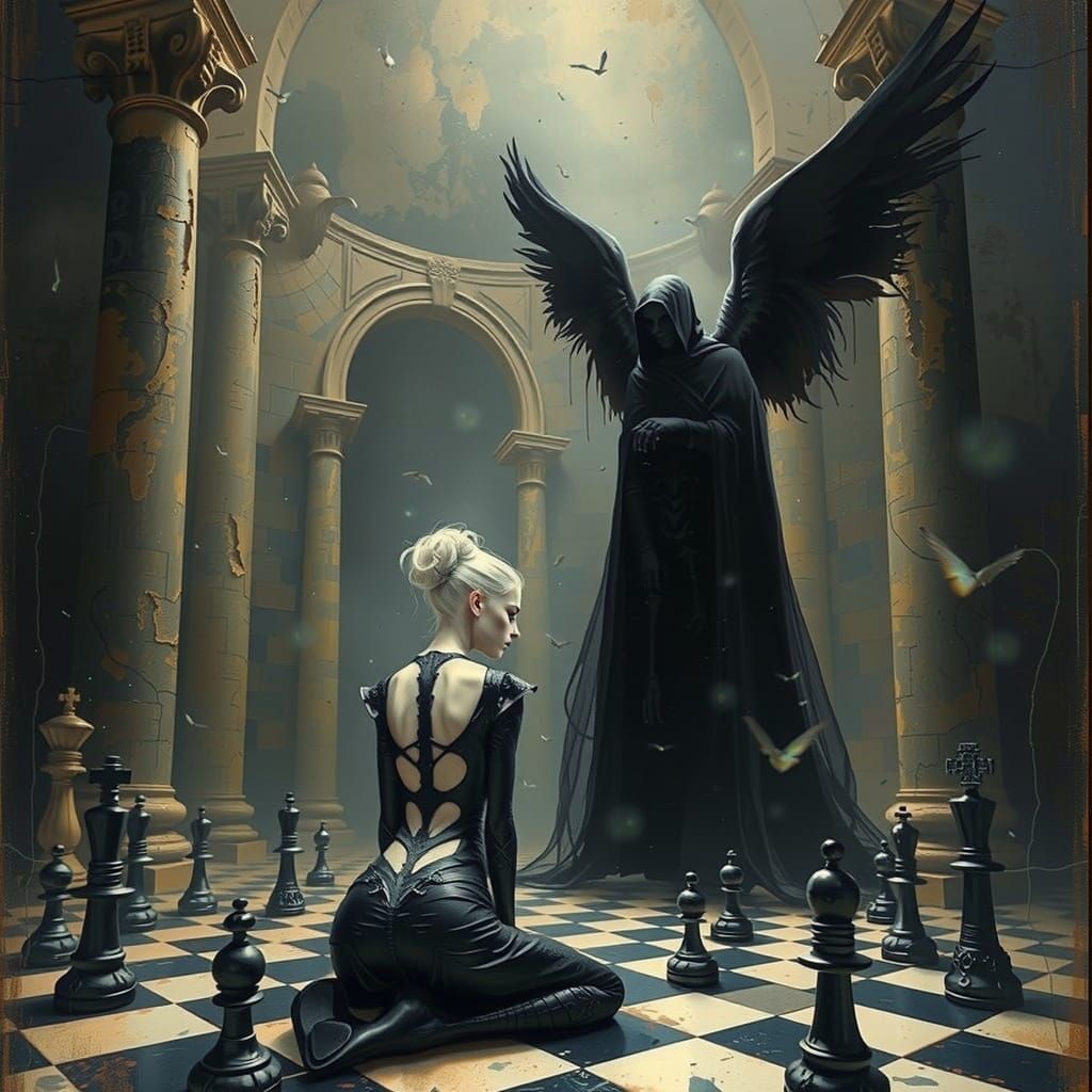 Mysterious Woman Confronts the Angel of Death in a Dark Goth...