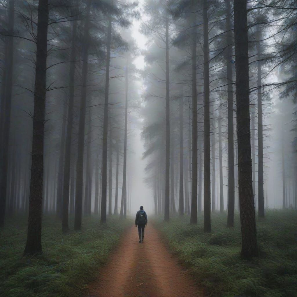 Traveler in Enchanted Foggy Pine Forest