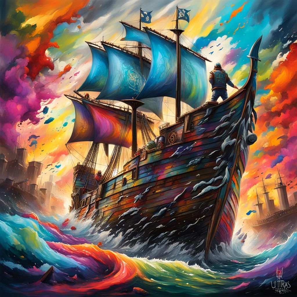 Viking Ships Sailing on a Rainbow in Graffiti Style