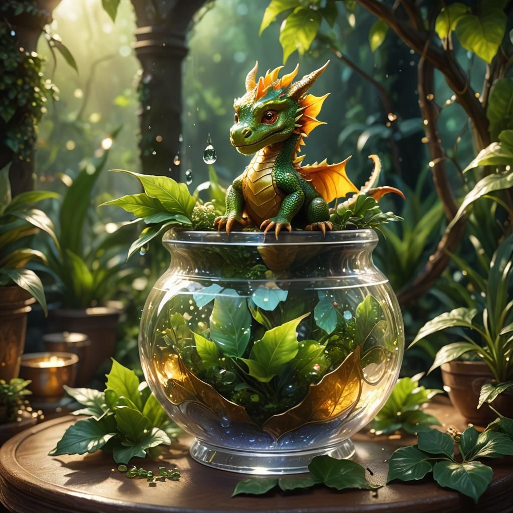 Baby Dragon in Glass Pot: Whimsical Fantasy Art