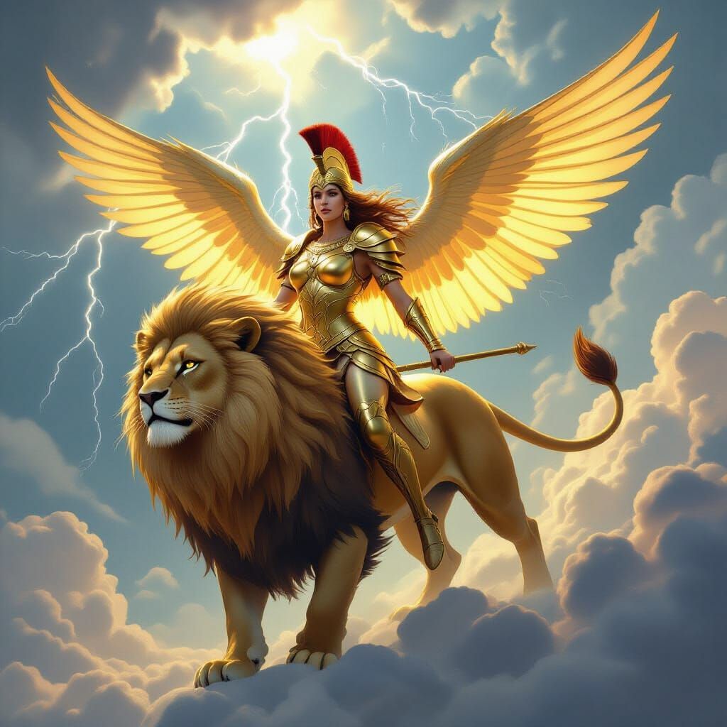 Goddess Rides Winged Lion Amidst Lightning Storm
