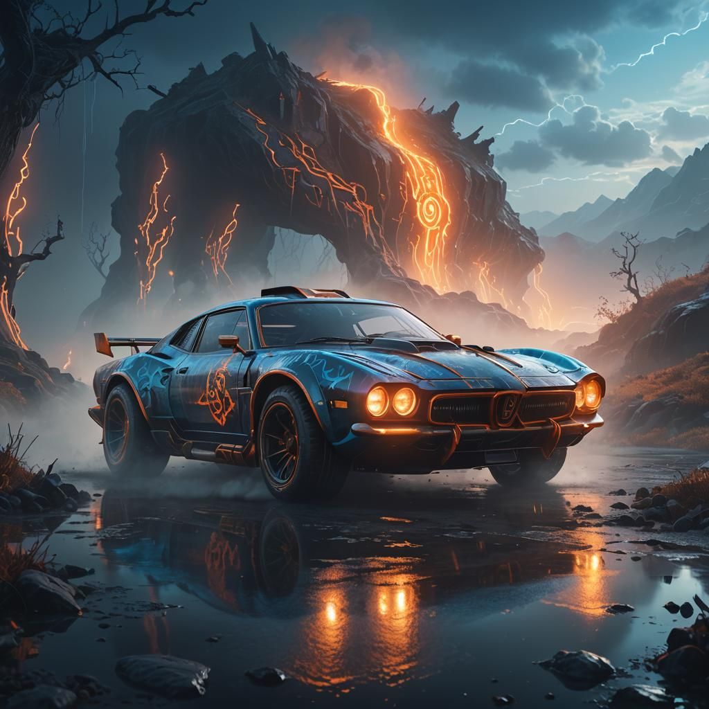 Fantastical Car Concept Art in Mystical Landscape