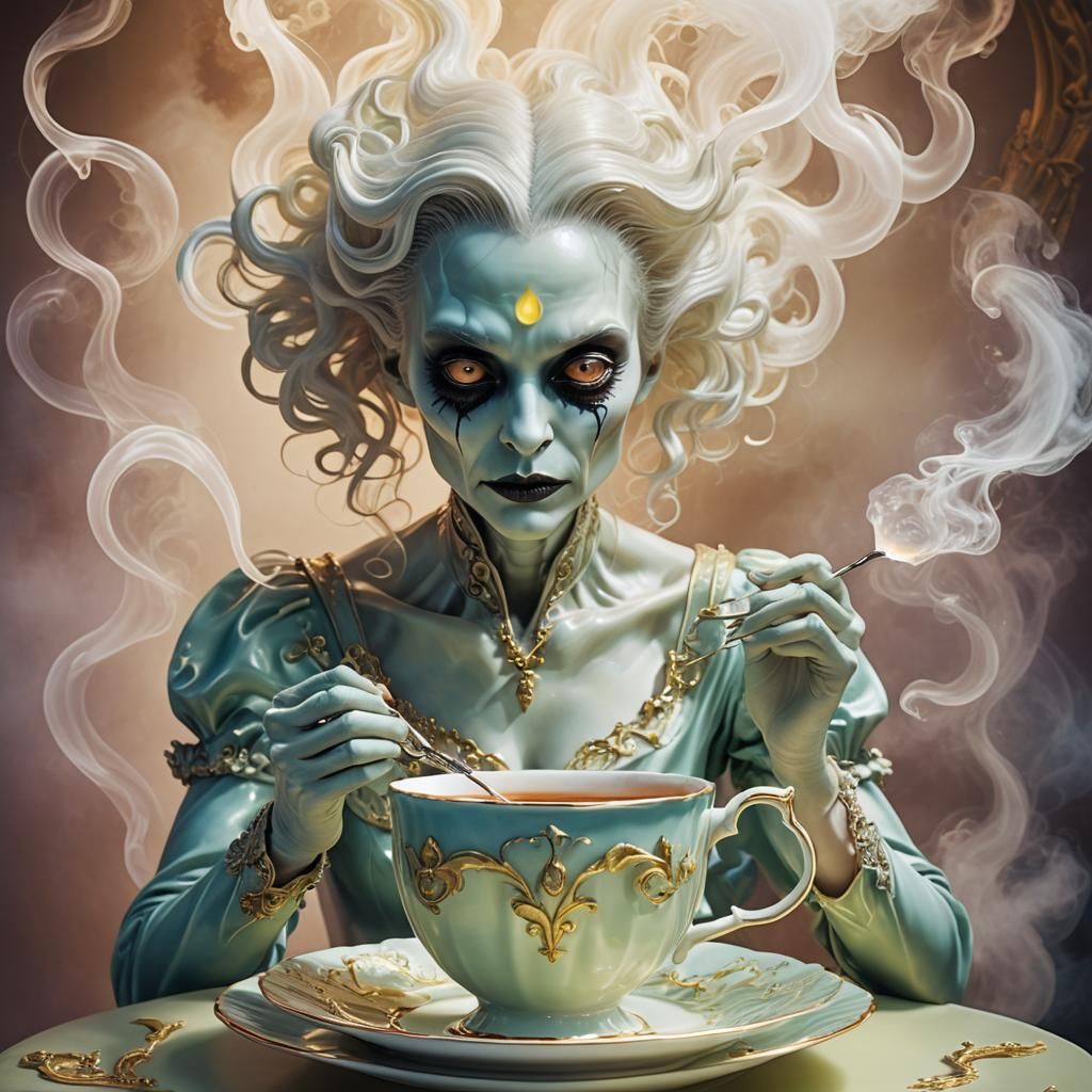 Alien Vampire Sipping Tea: Surreal Dreamscape