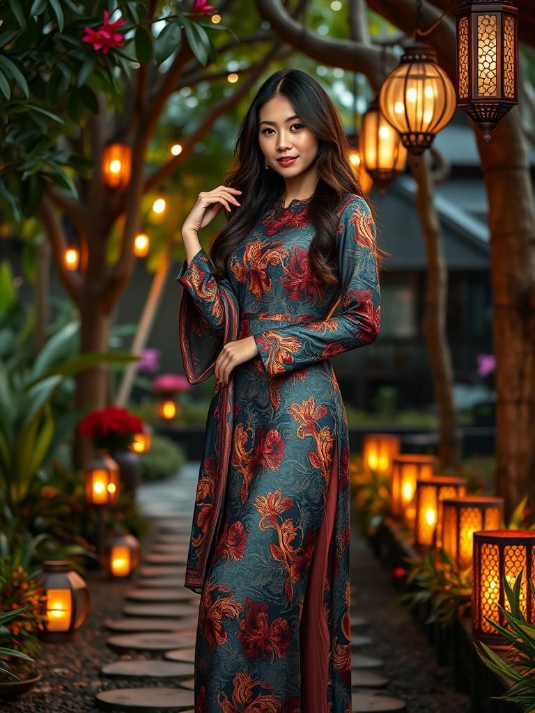 Elegant Indonesian Woman in Batik Gown, Editorial Photograph...
