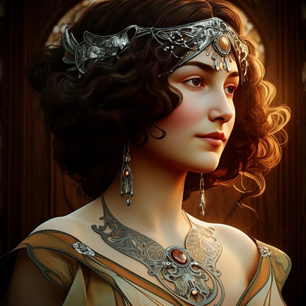 Serene Nun in Golden Light, Art Nouveau Style