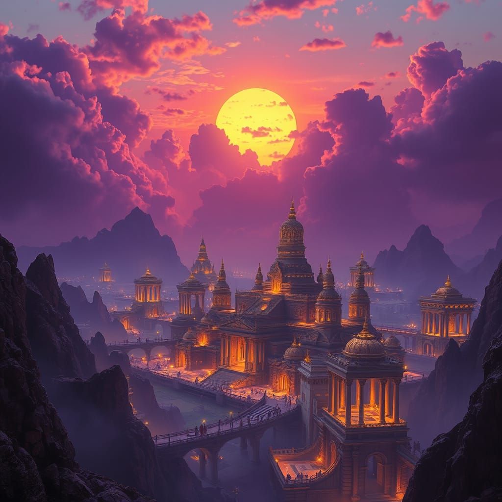 Epic Fantasy Cityscape Unfolds in Golden Sunset Glow