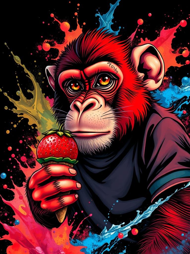 Glamorous Red Monkey Savoring Strawberry Ice Cream in a Fier...