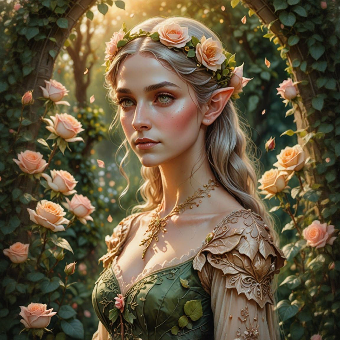 Closeup portrait of a female elf, standing in an elaborate rose garden