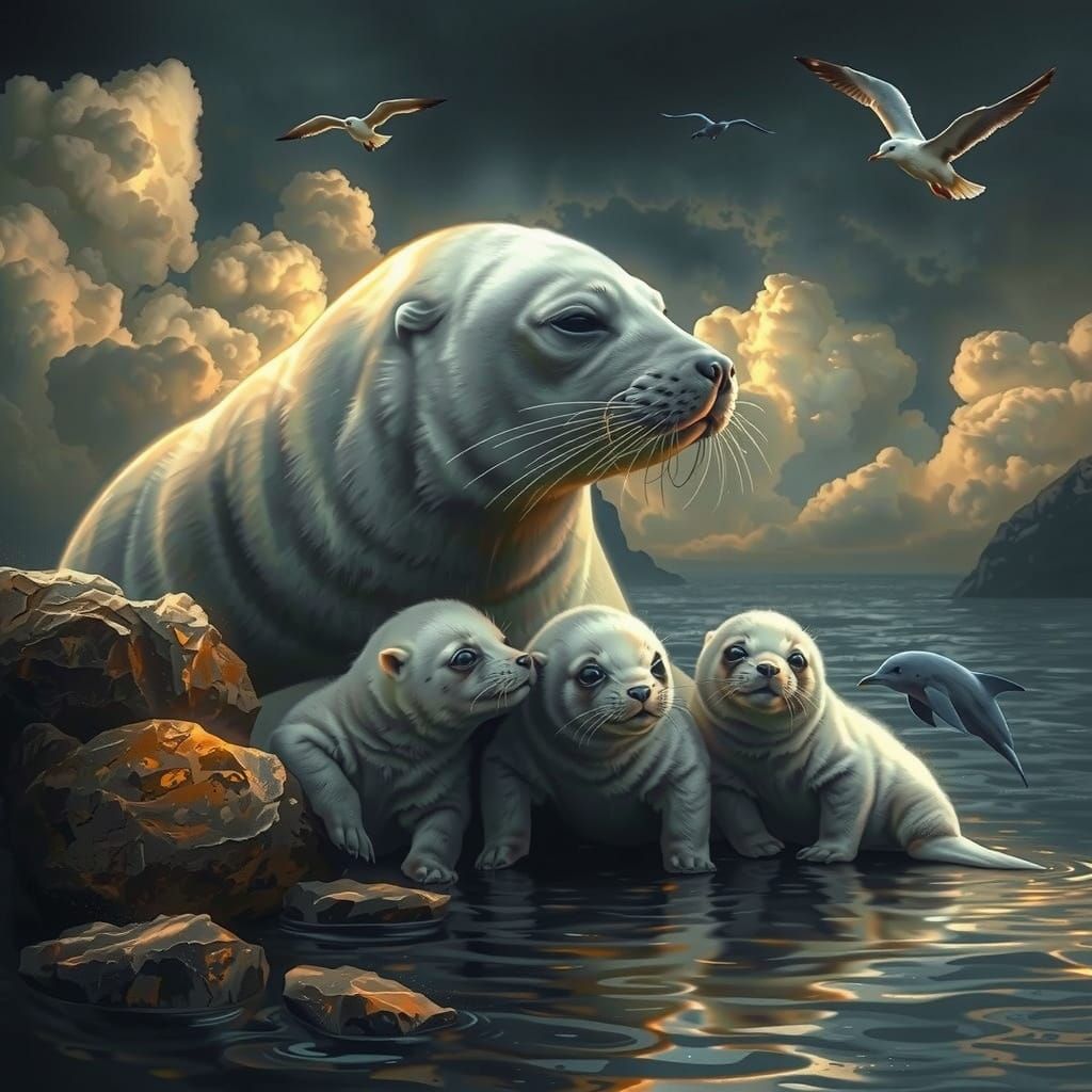 Stunning Portrait of Seal and Cubs in Golden Seaside Scene