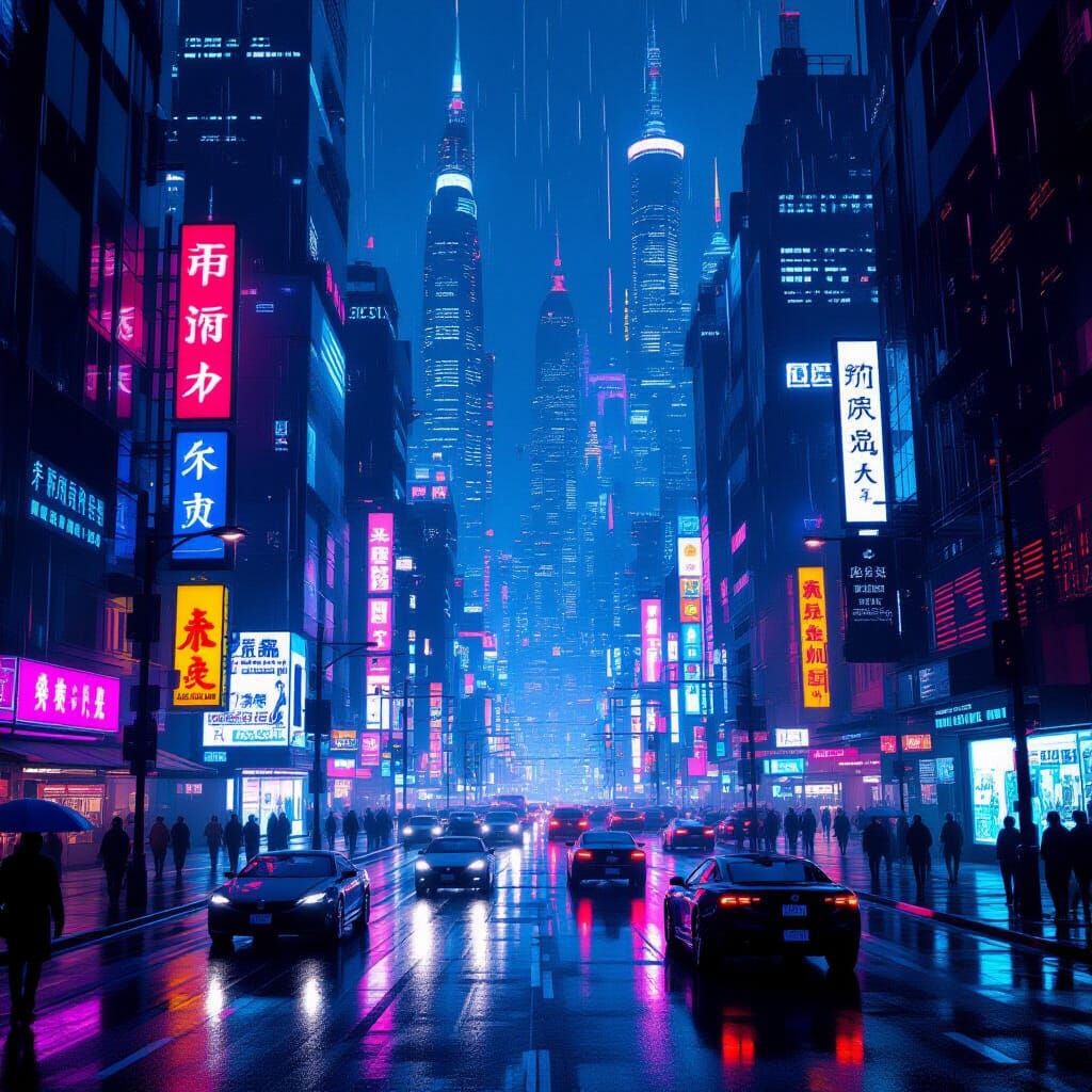Cyberpunk Cityscape at Night with Neon Lights