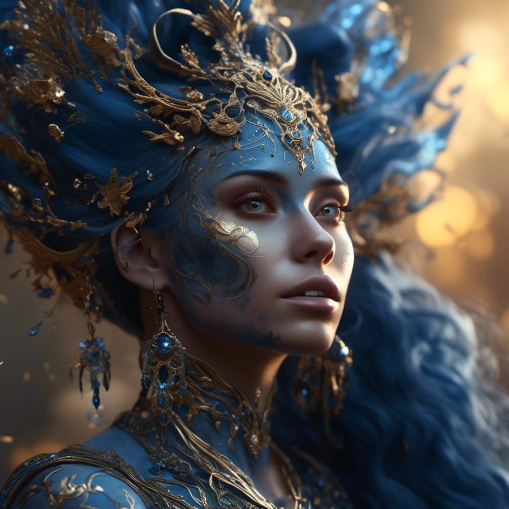 Celestial Beauty with Metallic Blue Skin and Tattoos
