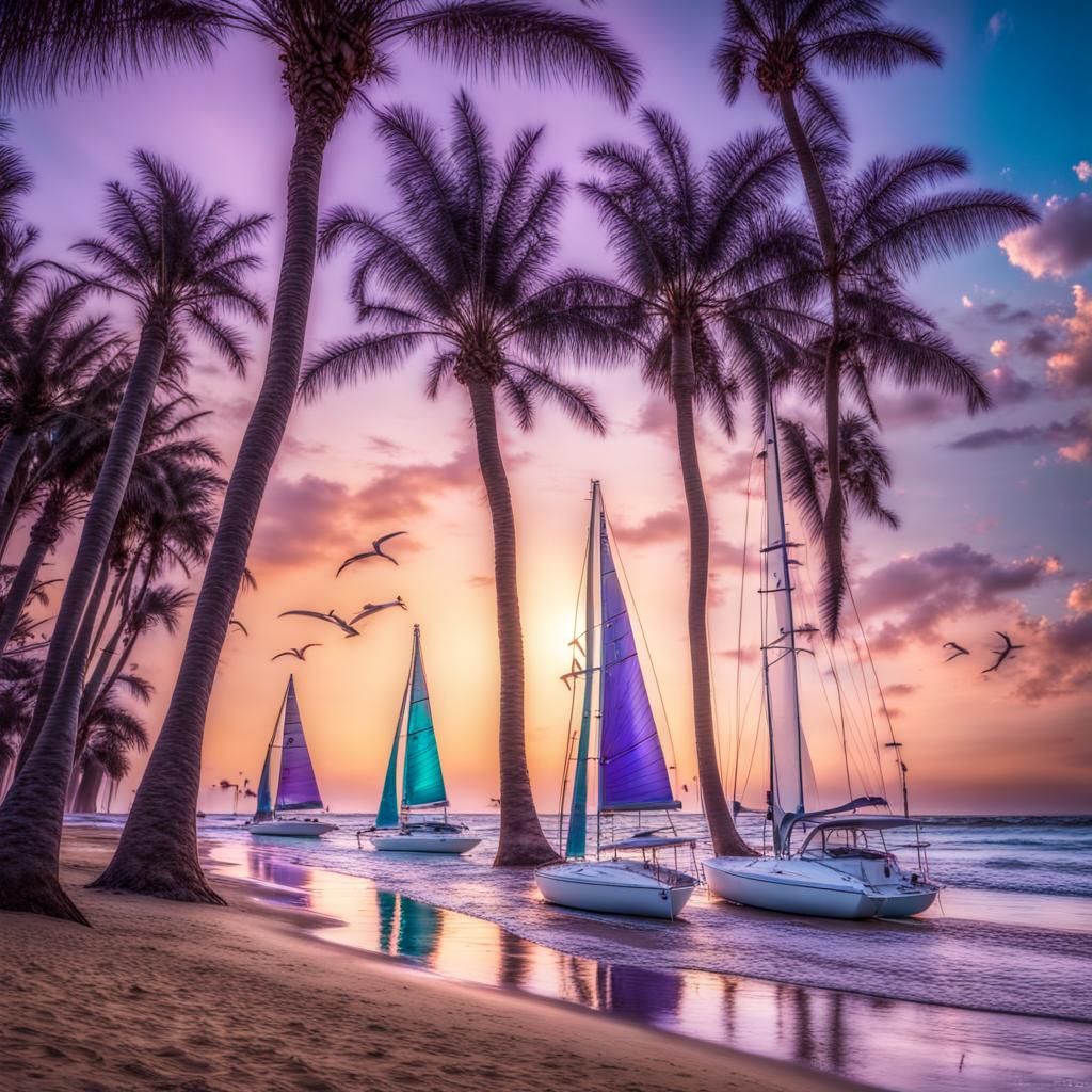 Sunrise Sailboats on Turquoise Ocean: Hyperrealistic Beach S...