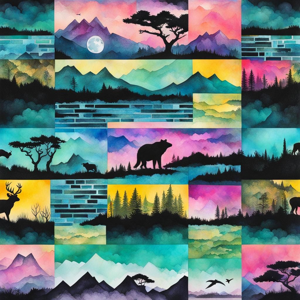 Wildlife in Vaporwave Mosaic Ink Painting