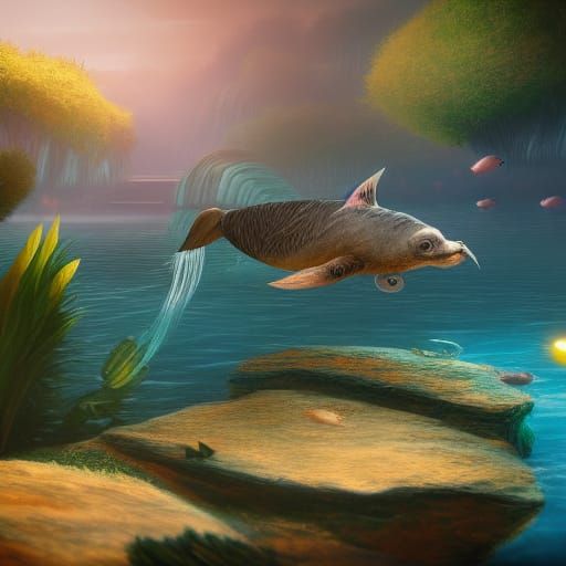 Cute Whale Swimming in Detailed Digital Painting
