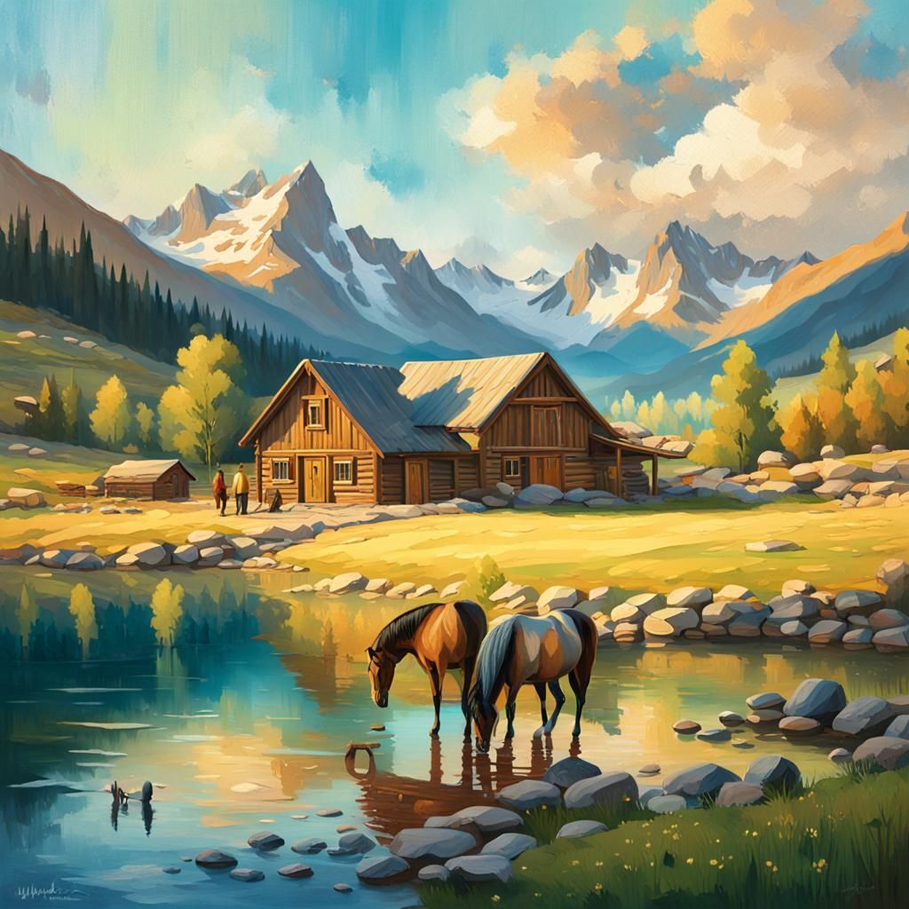 Mountain Lake Landscape with Shepherd in Oil Painting Style