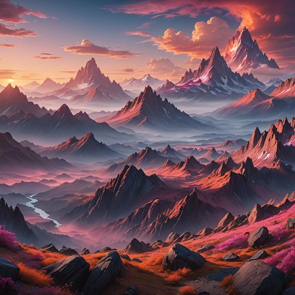 Vibrant Sunset Over Mountain Range: Digital Art