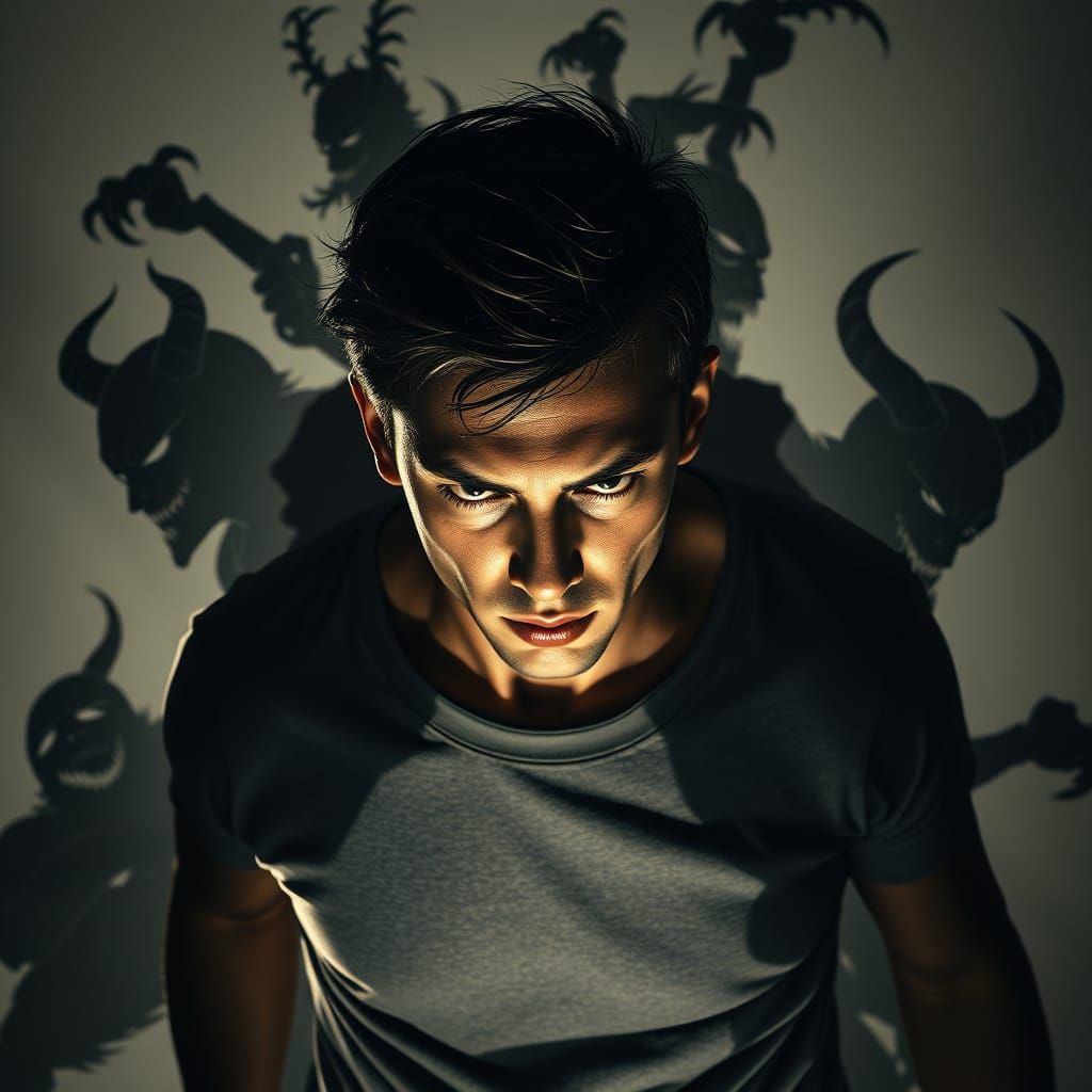 Man Battles Shadow Self in Hyperrealistic Photorealistic Sty...
