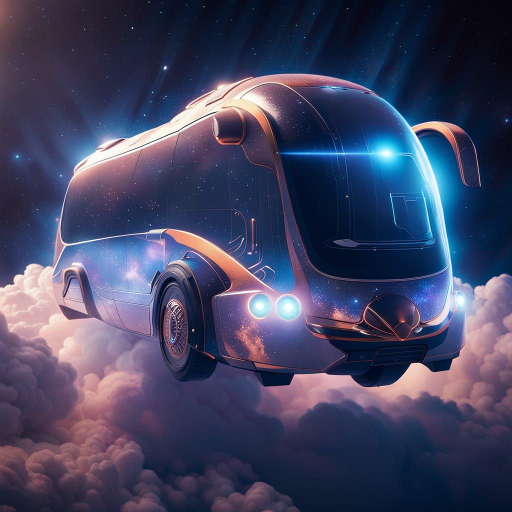 Magical Flying Bus in Sparkling Galaxy: Sci-Fi Art