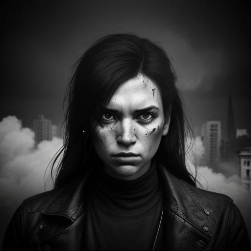 Woman and Giant Lizard in Ruins: Black and White Photography