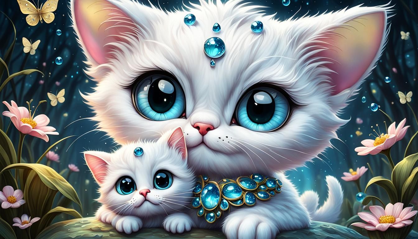 cute white chibi cats big eyes smiling holding an baby blue yellow pink in his arms, jewels,jewels fireflies in the styl...