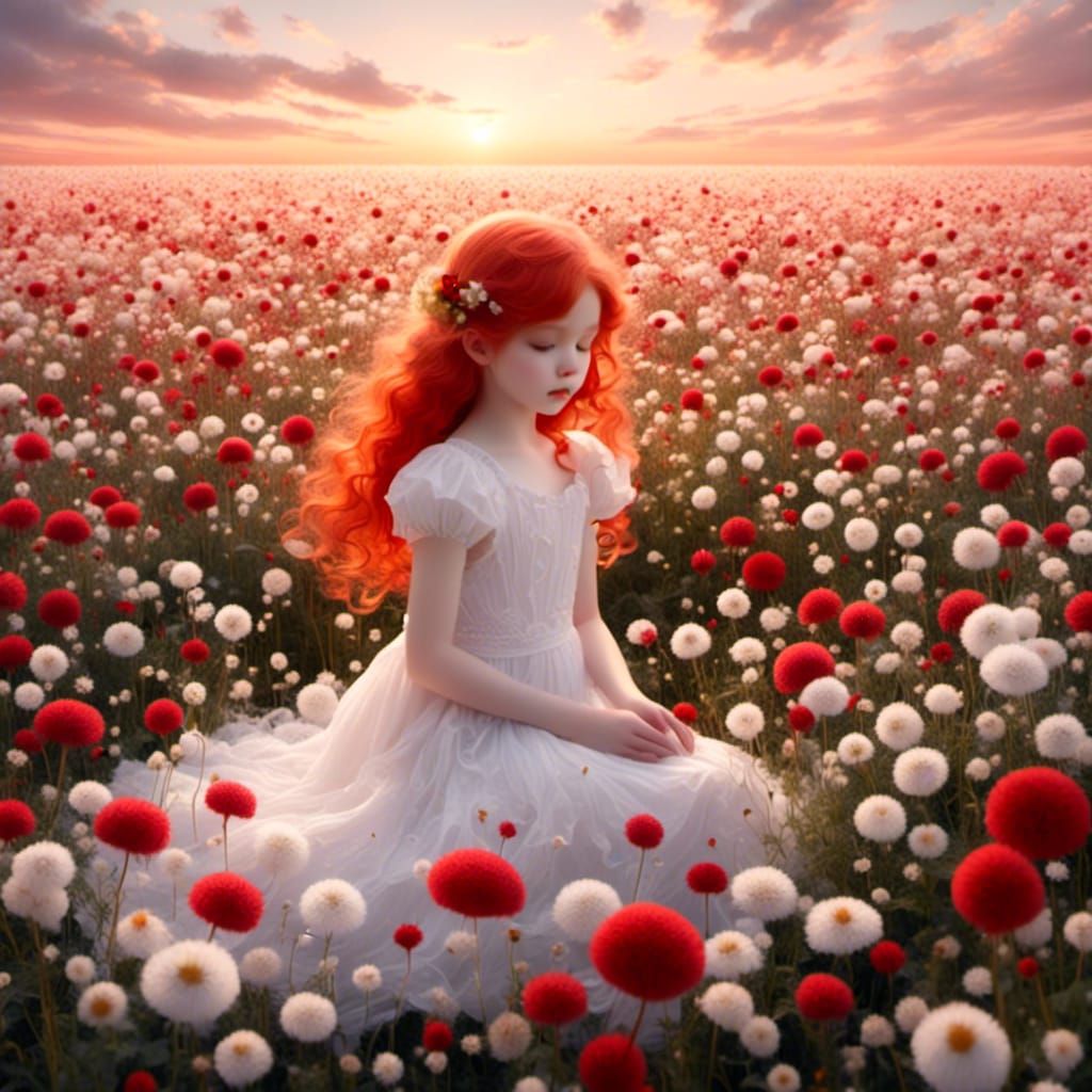 Anime Girl in Flower Field at Golden Hour