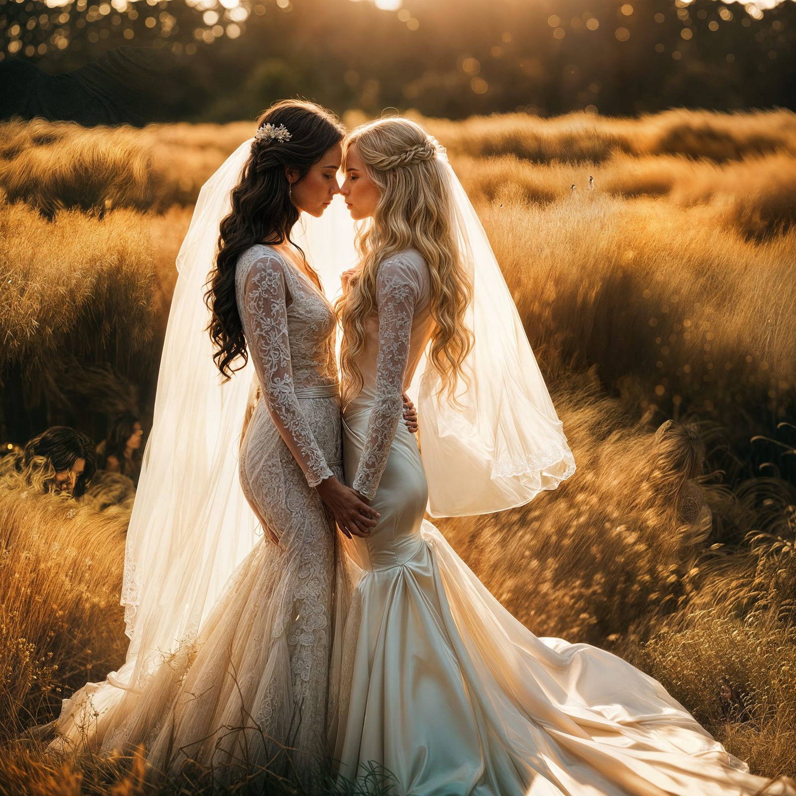 Two Brides in Wedding Dresses: Cinematic Film Still